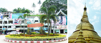 Tachilek präsentiert sich den Besuchern als „City of the Golden Triangle“ und Schmuggler-Nest. Die Tachilek Shwedagon Pagode (rechts) gilt als Besuchermagnet. 