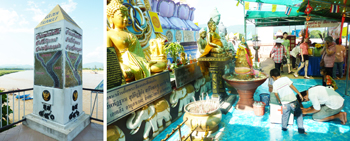 Cleveres Tourismusmarketing: An vielen Stellen weisen Schilder oder Steintafeln auf das Goldene Dreieck hin (links). „Thambun“ – bei Thai-Touristen durchaus beliebt (rechts). 