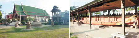 Im Wat Pong Sanuk am Highway 1290 (links) werden traditionelle Boote (rechts) für die großen Drachenbootrennen auf dem Mekong gelagert. Insgesamt befinden sich in der näheren Umgebung von Chiang Saen 139 Tempelruinen. 