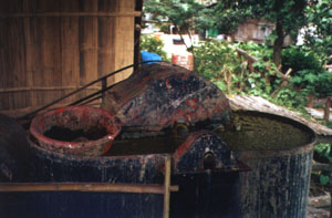 Der Dung wird mit Wasser und Farbe verrührt.