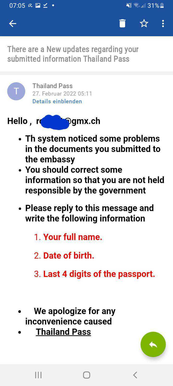 Ein der Redaktion zur Verfügung gestellter Screenshot der Betrugsmail. Wenn Sie diese E-Mail erhalten, reagieren Sie nicht auf diese Nachricht.