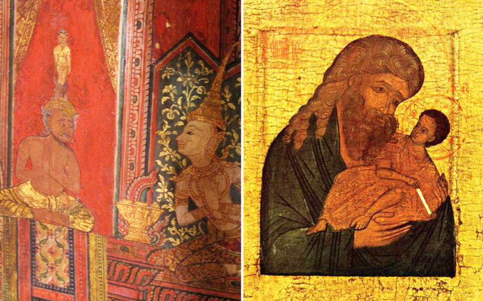 Links: Der neugeborene Buddha auf dem Kopf des Weisen Asita, der sein Leben lang gehofft hatte, dieses Kind zu sehen (Buddhaisawan-Kapelle Bangkok, Ende 18.Jh.). Rechts: Der neugeborene Christus in den Armen des Weisen Simeon, der sein Leben lang gehofft hatte, dieses Kind zu sehen (russische Ikone, Anfang 17.Jh.).