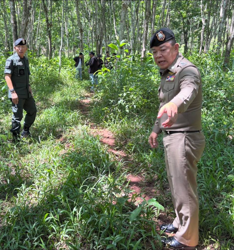 Ein ranghoher Polizeibeamter weist während der Tatortaufnahme auf einen für die Ermittlungen relevanten Bereich der Kautschukplantage hin. Bild: Royal Thai Police