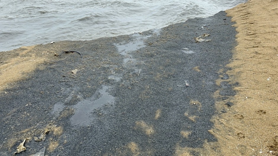Dunkle Ablagerungen verteilten sich nach dem Abfluss des Wassers großflächig entlang des Strandes. Bild: TMN.TV