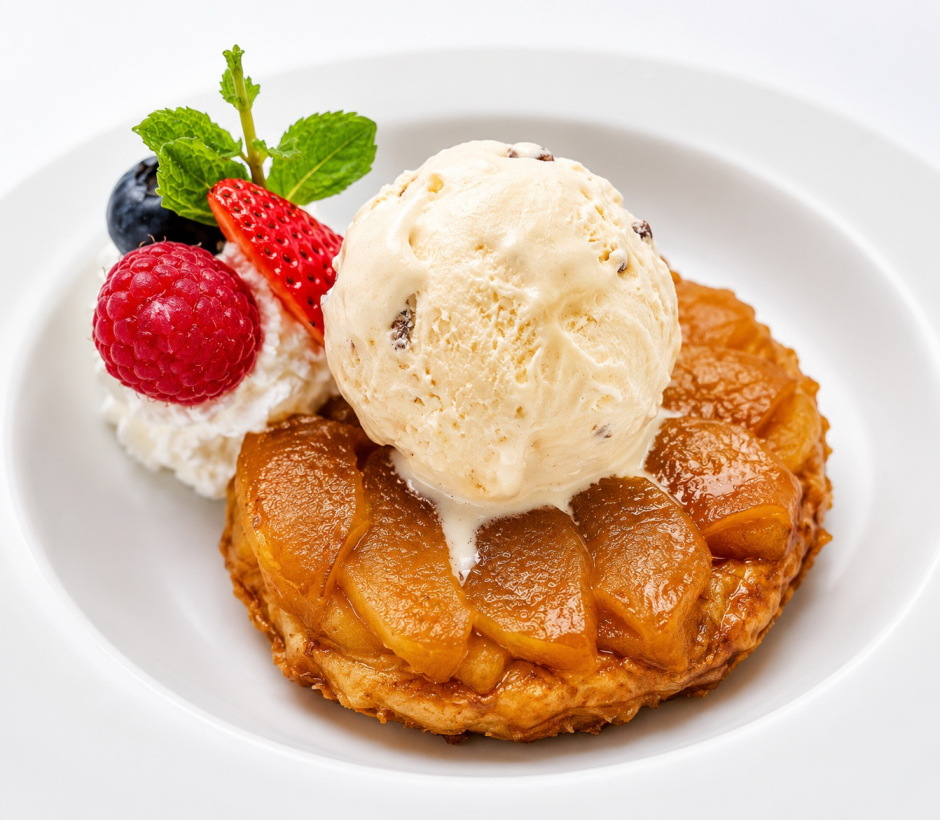 Apfel-Tarte-Tatin mit cremigem Rum-Rosinen-Eis als süßer Abschluss des Menüs.