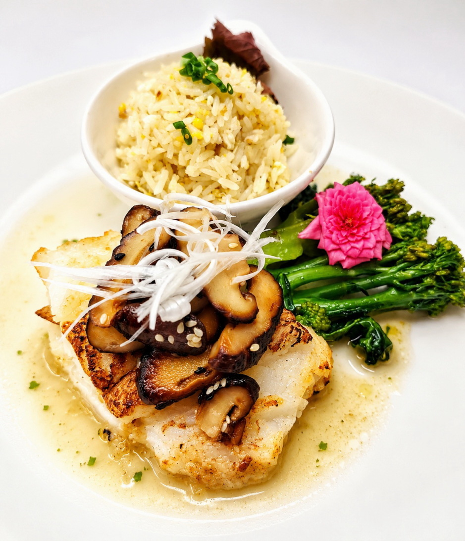 Grönland-Heilbutt in Dashi-Brühe mit Shiitake-Pilzen, Babybrokkoli und gebratenem Eier-Knoblauch-Reis.