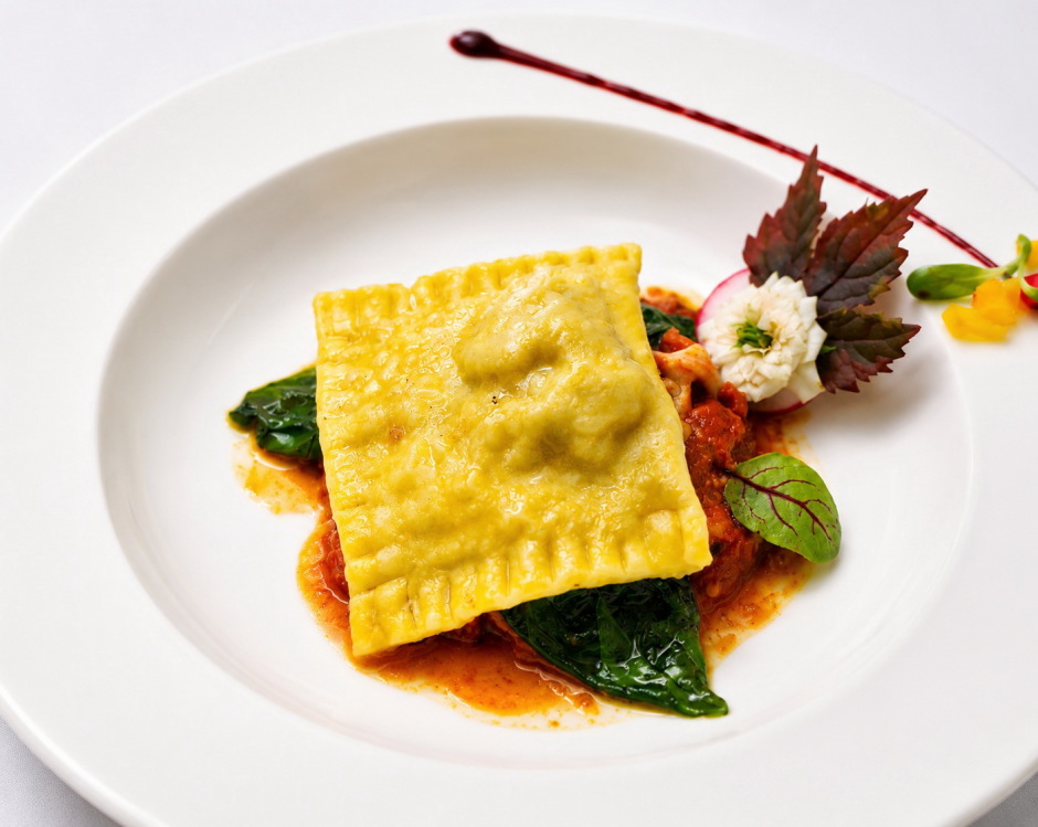 Raviolo mit geschmortem Lammragout auf Auberginen-Parmigiana als raffinierte Vorspeise.