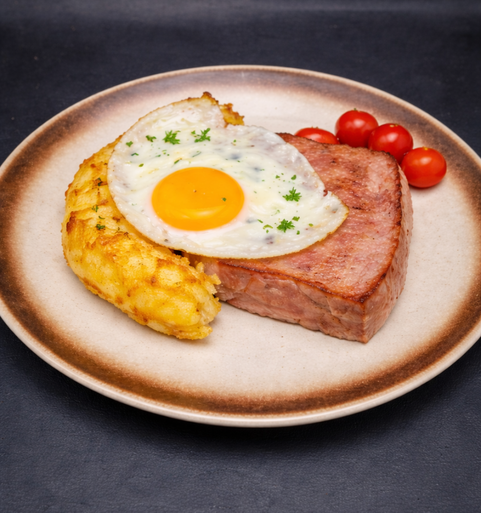 Fleischkäse mit Spiegelei und Rösti ergänzt das deutschsprachige Angebot des Restaurants.