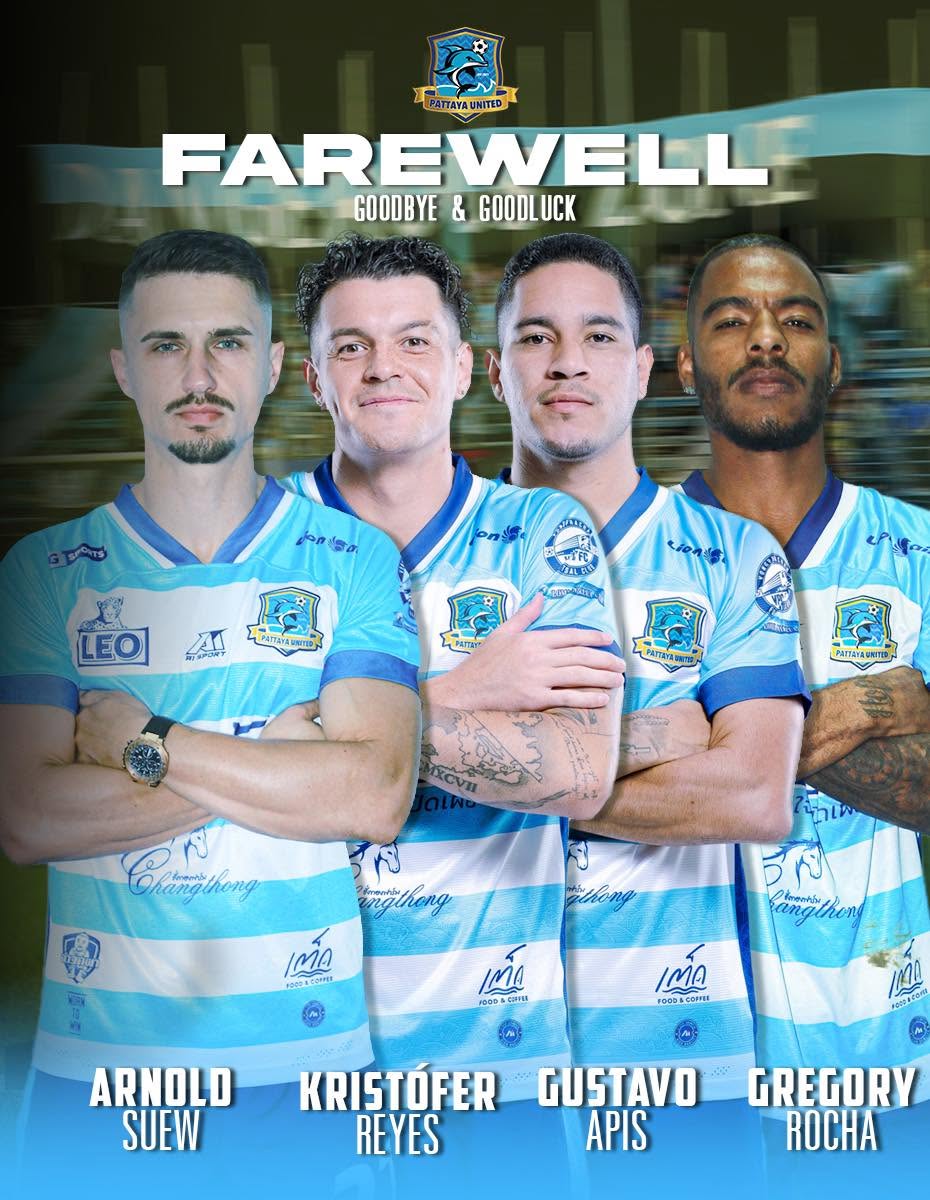 Pattaya United verabschiedet Arnold Suew, Kristófer Reyes, Gustavo Apis und Gregory Rocha nach dem Ende der Saison. Foto: Pattaya United