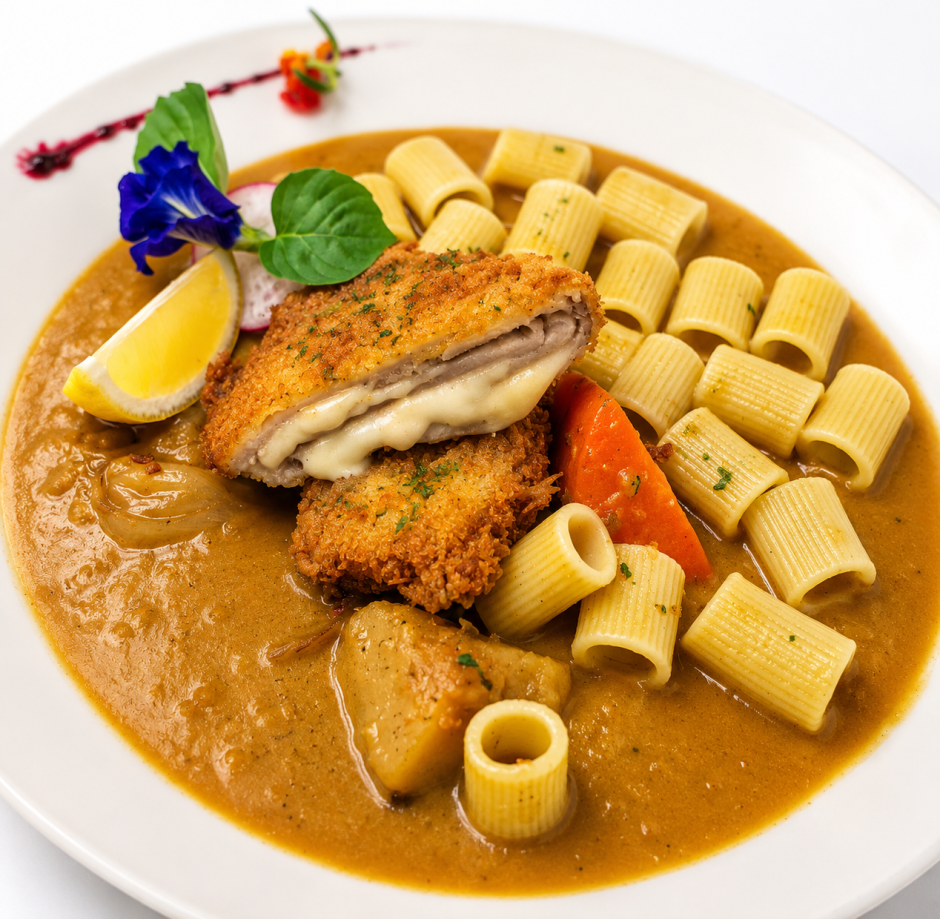 Goldbraun paniertes Schweinerückensteak mit Emmentaler, japanischer Currysauce und Rigatoni-Pasta.