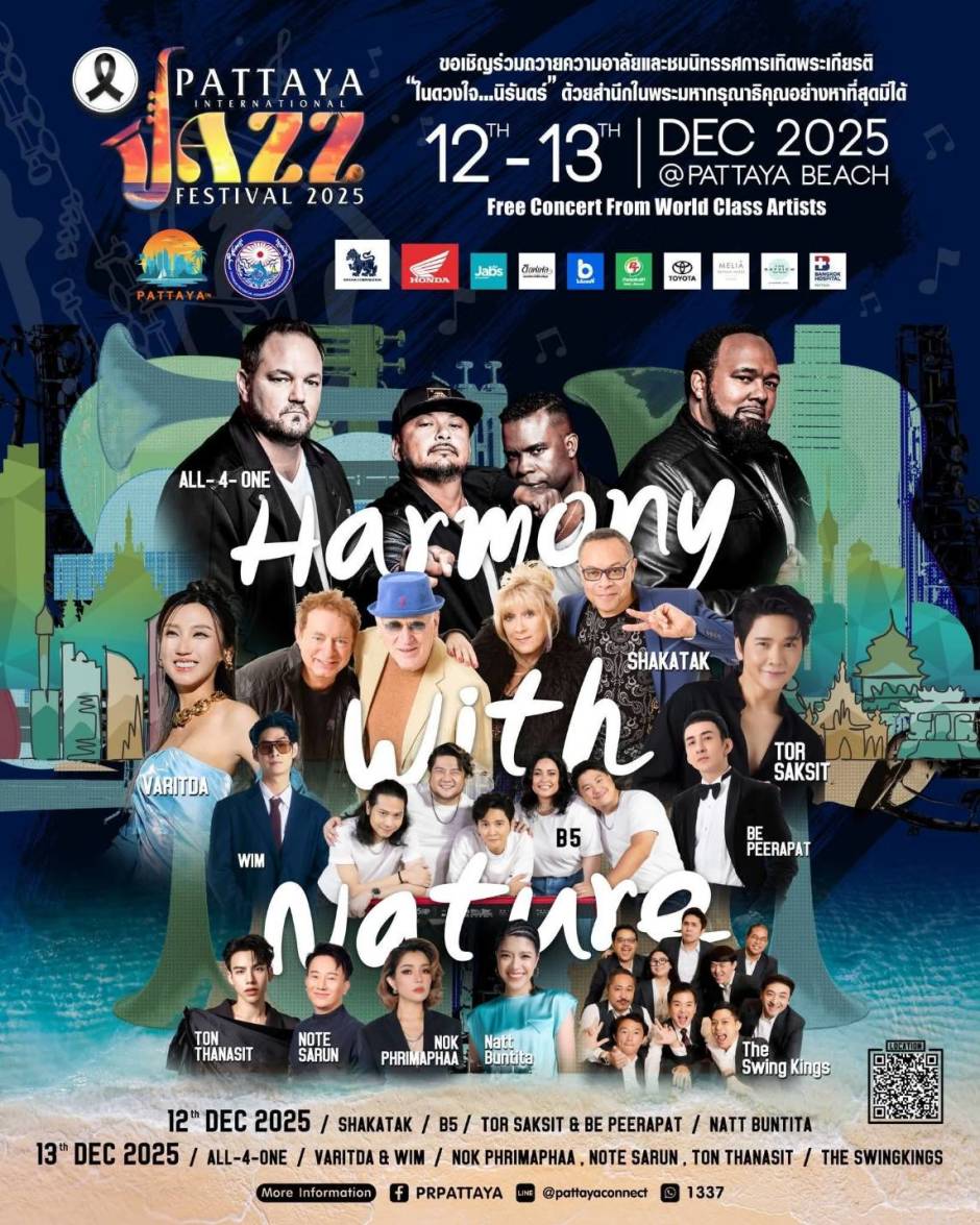 Das offizielle Poster kündigt das „Pattaya International Jazz Festival 2025“ mit Weltstars am Strand an. Bild: TMN.TV