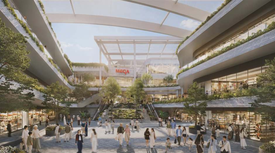 Großzügige Freiflächen, viel Grün und offene Architektur sollen den erweiterten Einkaufskomplex zu einem neuen Treffpunkt für Familien machen. Bild: Megabangna