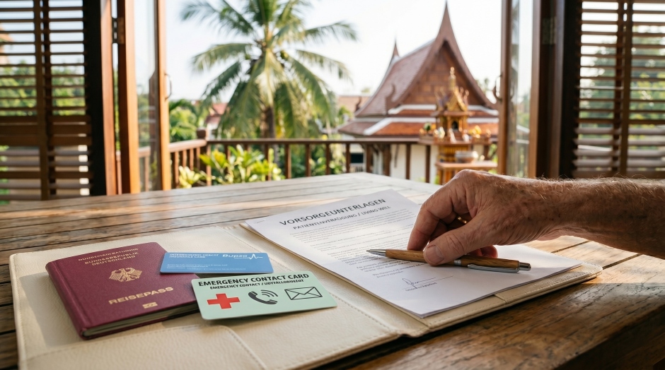 Vorsorge im Tropenparadies: Wer seine Patientenverfügung, Versicherungskarte und Emergency-Card rechtzeitig vorbereitet, ist im Ernstfall auch in Thailand besser geschützt. Foto: DER FARANG (AI)