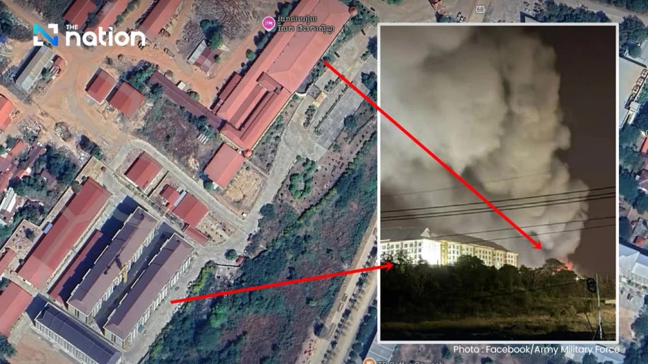 Satellitenaufnahme und Vergleichsfoto markieren das getroffene Gebäudekomplex in O’Smach, das laut thailischem Militär als militärischer Stützpunkt genutzt worden sein soll. Foto: The Nation