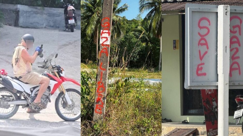 Der Verdächtige soll zahlreiche Objekte auf Koh Phangan mit Sprühfarbe markiert haben. Foto: Khaosod