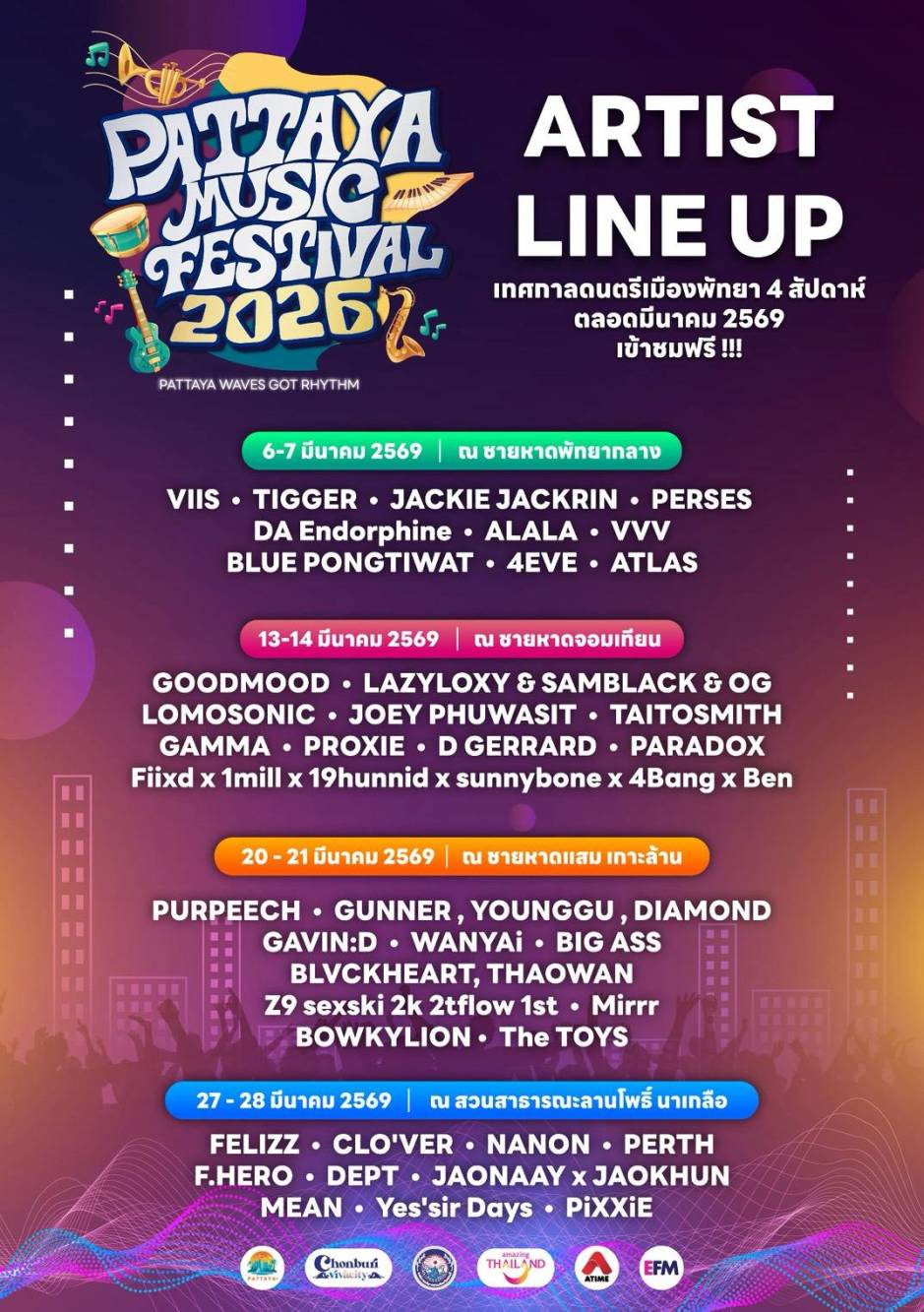 Übersicht des Künstleraufgebots für die einzelnen Festivalwochenenden am Pattaya Beach, Jomtien Beach, auf Koh Larn sowie im Lan-Pho-Naklua-Park. Bild: PR Pattaya