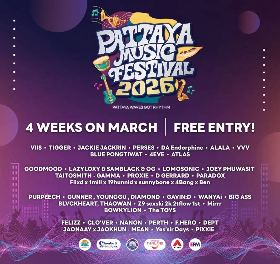 Gesamtübersicht des Line-ups mit zahlreichen thailändischen Acts, die im Rahmen des Pattaya Music Festival 2026 auftreten sollen. Bild: PR Pattaya