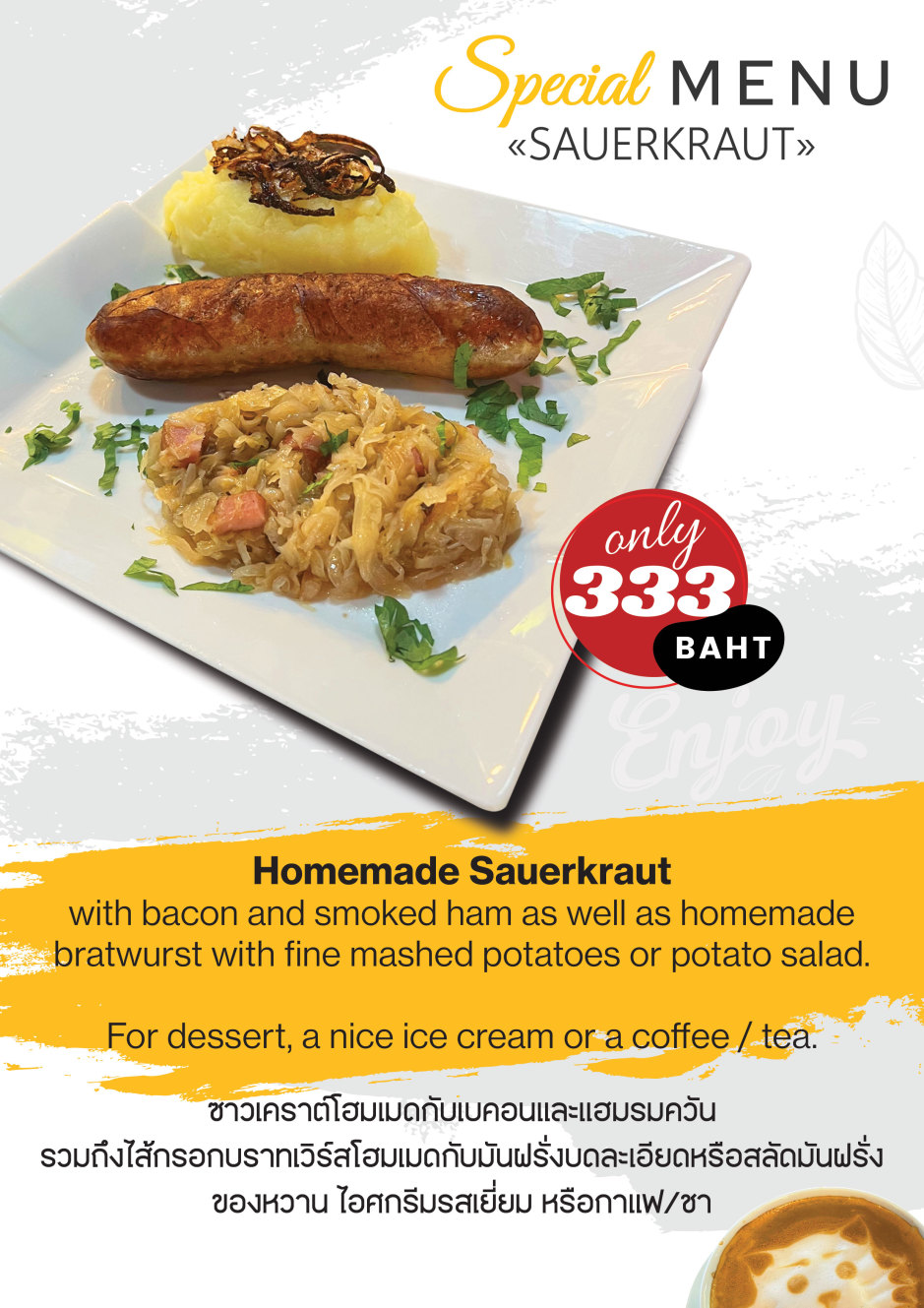 Hausgemachte Bratwurst mit Sauerkraut, Kartoffelpüree oder Kartoffelsalat – das aktuelle Spezialmenü im The Bikers Café Thailand.