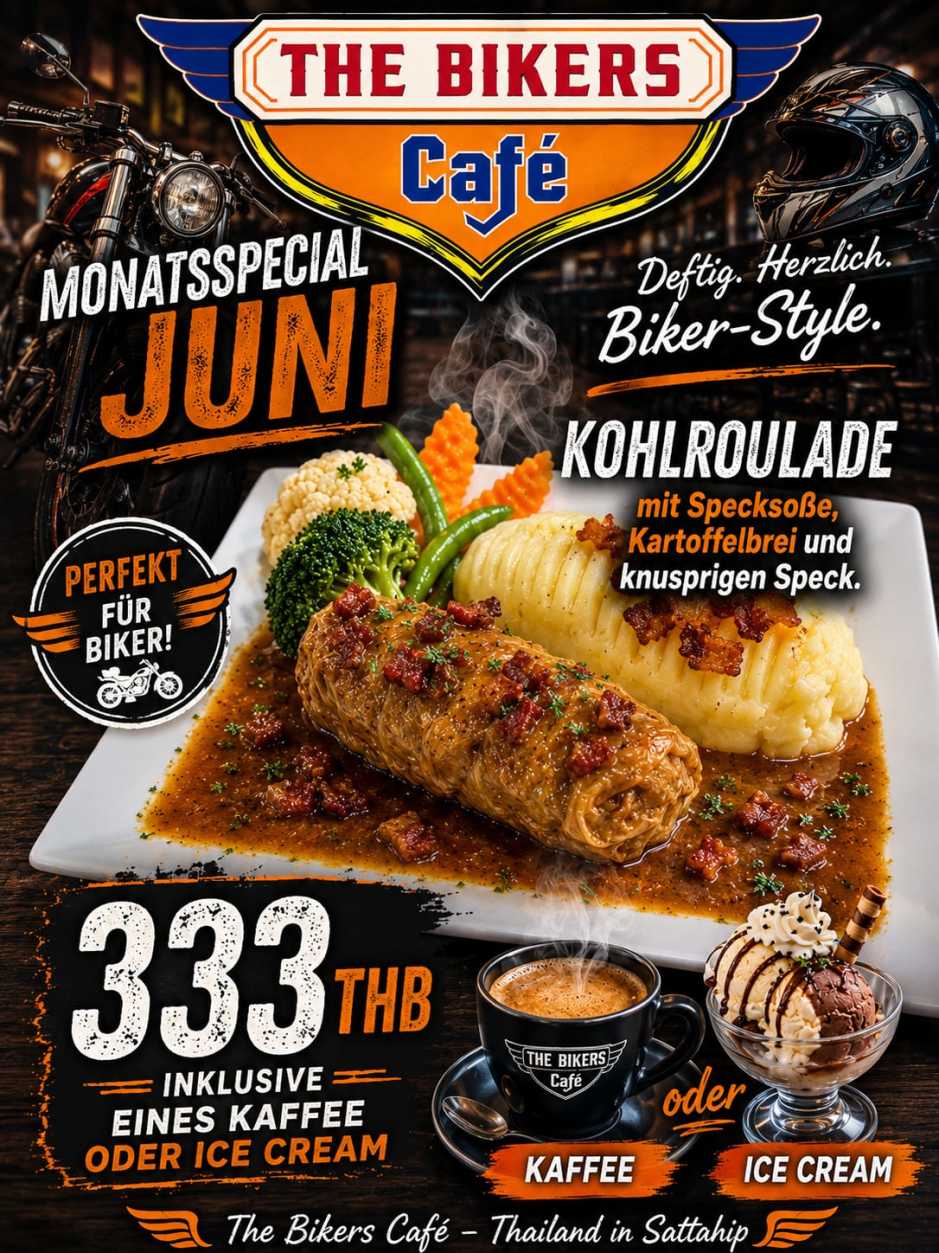 Die Kohlroulade mit Specksoße, Kartoffelbrei und knusprigem Speck ist das Juni-Spezial im The Bikers Café in Sattahip.