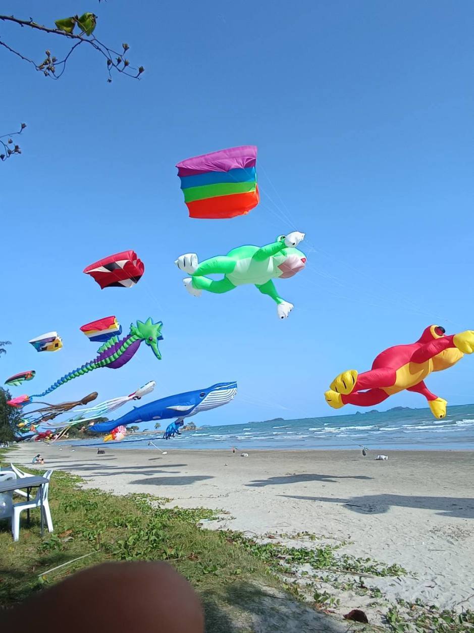 Farbenfrohe Großdrachen tanzen über dem Strand im Seewind. Bild: PR Pattaya