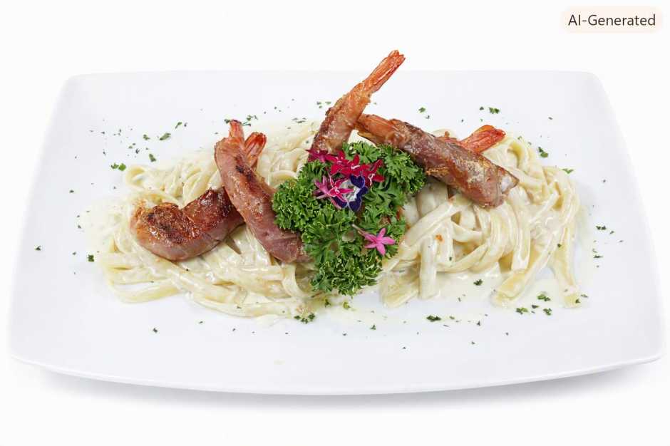 In Parmaschinken gewickelte Gamberoni werden auf Fettuccine mit cremiger Parmesan-Rahmsauce angerichtet.