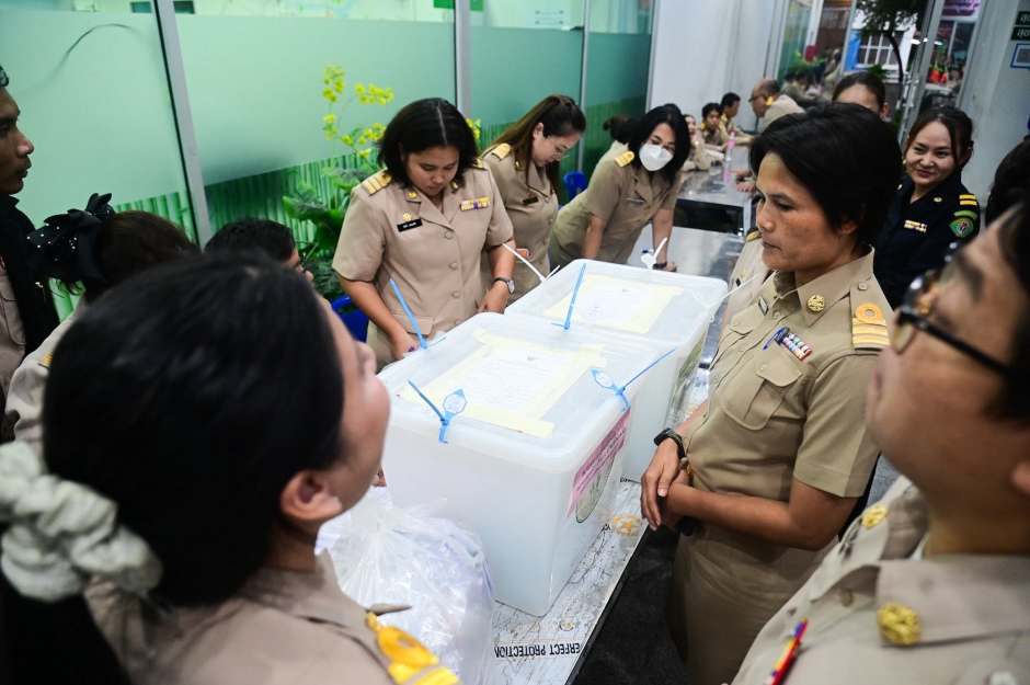 Nach Schließung der Wahllokale beginnen Wahlhelfer mit der Auszählung und Sicherung der abgegebenen Stimmzettel. Bild: Bezirksamt Bangkok Noi
