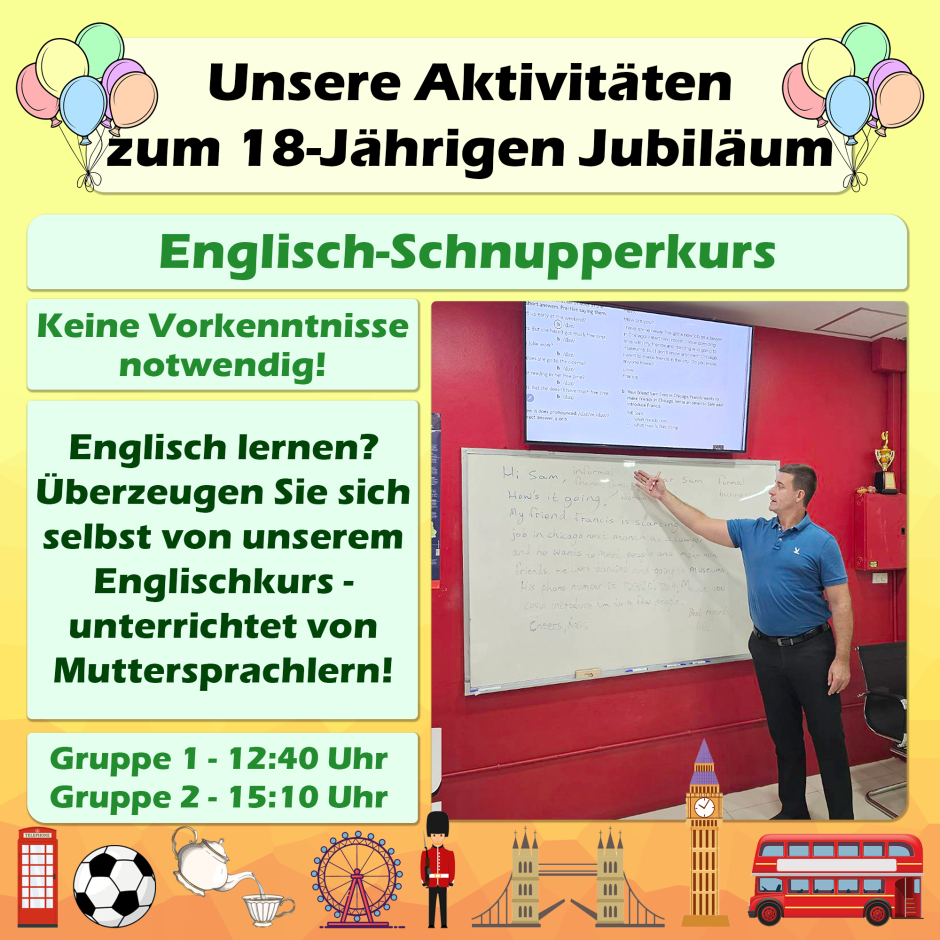 Der Englisch-Schnupperkurs zeigt praxisnahen Unterricht mit muttersprachlichen Lehrkräften und richtet sich auch an Teilnehmer ohne Vorkenntnisse.