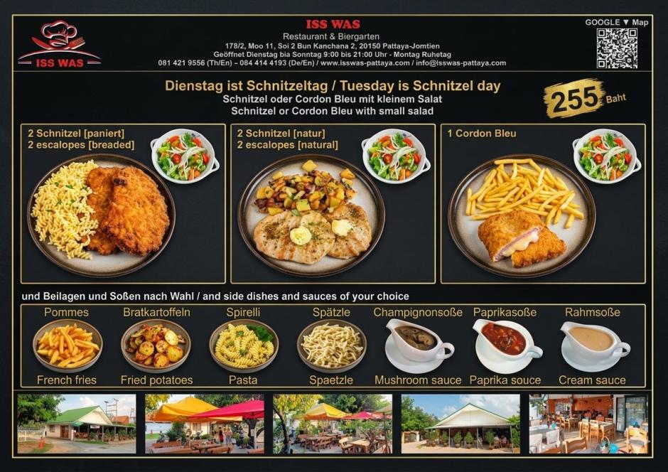 Dienstag ist Schnitzeltag im ISS WAS Restaurant in Jomtien: Zwei Schnitzel oder ein Cordon Bleu mit kleinem Salat sowie Beilagen und Soßen nach Wahl werden für jeweils 255 Baht angeboten. Bild: ISS WAS Restaurant