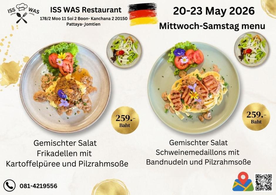 Neue Wochenmenüs im ISS WAS Restaurant in Jomtien: Frikadellen mit Kartoffelpüree und Pilzrahmsoße oder Schweinemedaillons mit Bandnudeln und Pilzrahmsoße, jeweils für 259 Baht. Bild: ISS WAS Restaurant