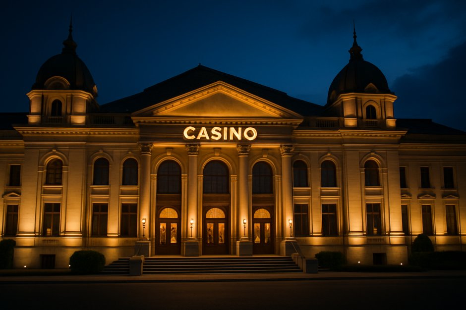 Elegantes Casino-Gebäude bei Nachtbeleuchtung – klassischer Stil mit Säulen und Kuppeln. Foto: KI-Illustration.