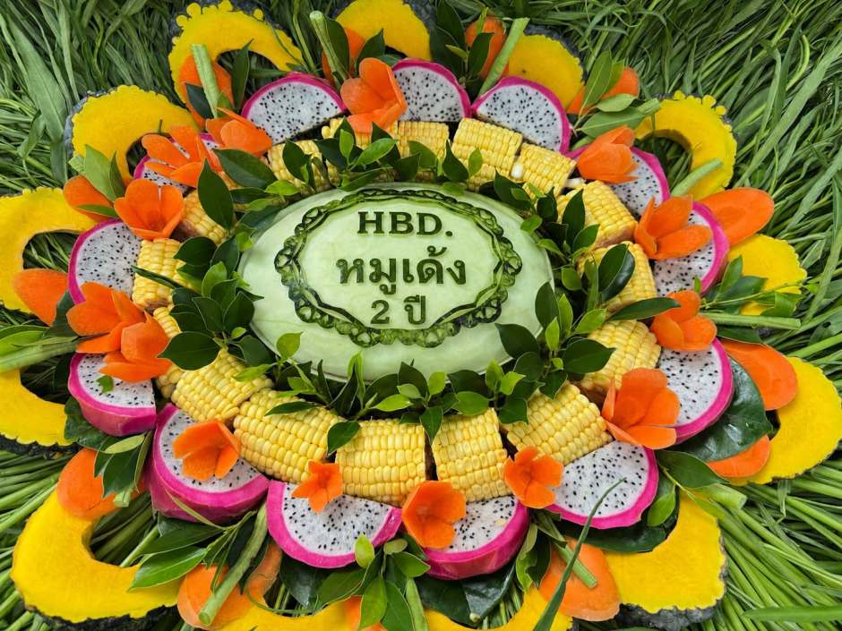 Eine kunstvoll gestaltete Geburtstagstorte aus Obst und Gemüse wurde für den zweiten Geburtstag von Moo Deng vorbereitet. Bild: Khao Kheow Open Zoo
