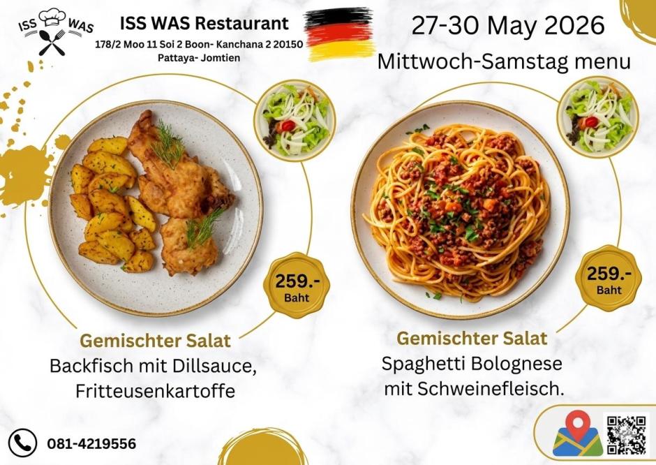 Neue Wochenmenüs im ISS WAS Restaurant in Jomtien: Backfisch mit Dillsoße und Fritteusenkartoffeln oder Spaghetti Bolognese mit Schweinefleisch, jeweils für 259 Baht. Bild: ISS WAS Restaurant
