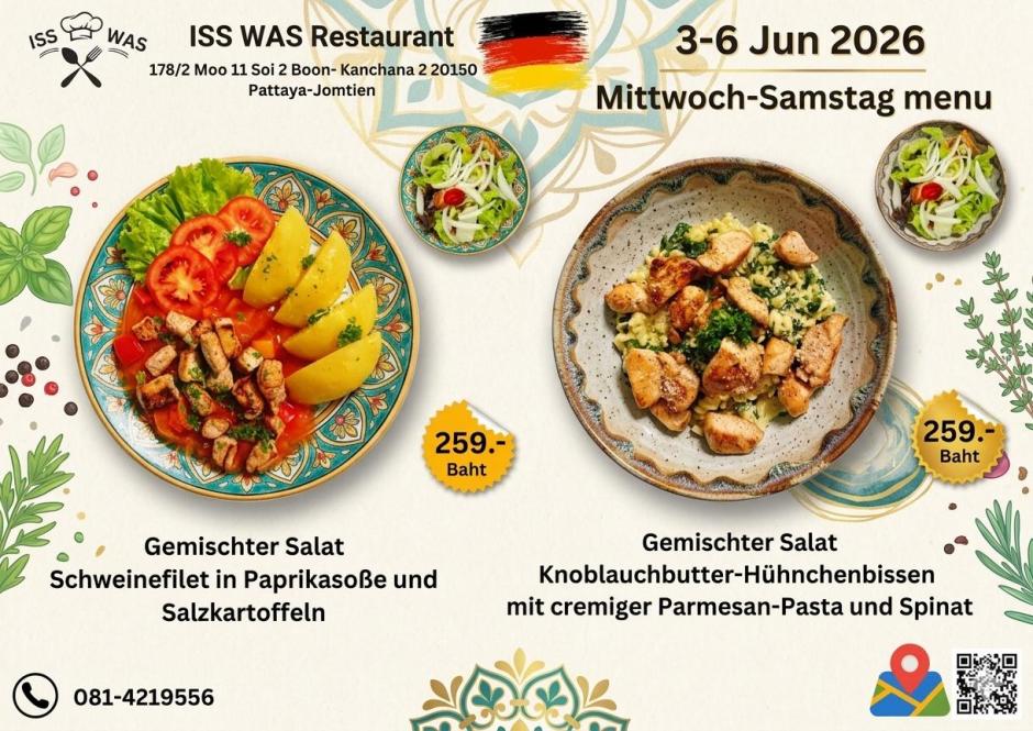 Die neuen Wochenmenüs im ISS WAS Restaurant in Jomtien: Schweinefilet in Paprikasoße mit Salzkartoffeln oder Knoblauchbutter-Hähnchenbissen mit cremiger Parmesan-Pasta und Spinat für jeweils 259 Baht. Bild: ISS WAS Restaurant.