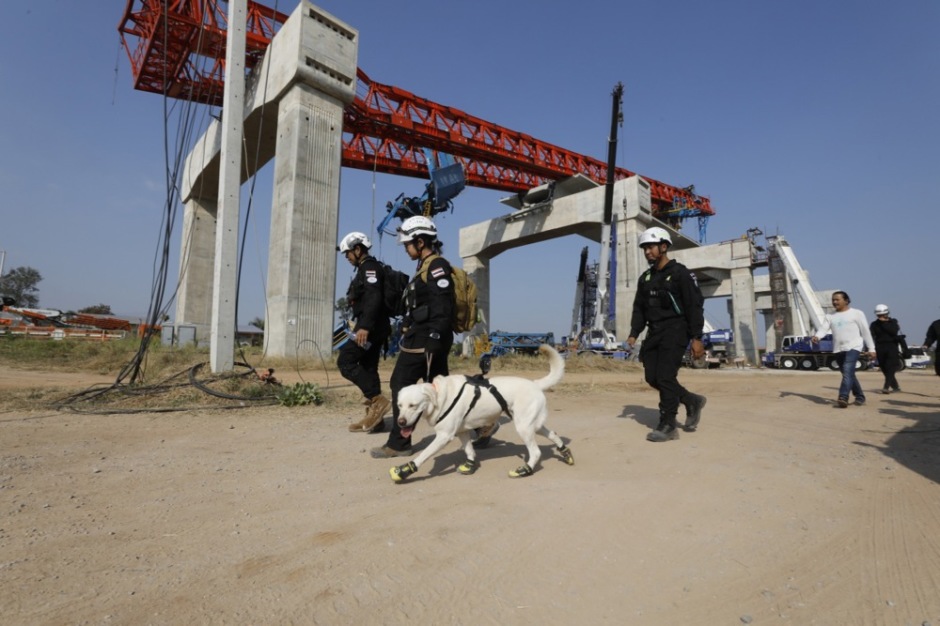 Rettungskräfte mit Spürhunden durchsuchen die Trümmer des verunglückten Passagierzugs. Foto: epa/Narong Sangnak